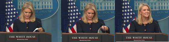캐롤라인 레빗 백악관 대변인이 3일(현지시간) 백악관 브리핑에서 '이재명 당선인의 당선에 대한 입장'을 묻는 질문에 준비해온 서류에서 공식 입장을 찾고 있다. 레빗 대변인은 결국 공식 입장을 적은 문구를 찾지 못했고, ″곧 알려주겠다″고 했다. 백악관 유튜브 캡쳐
