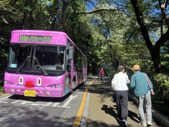 남산 남측순환로 보행자 전용 덱 조성 전의 모습. 차로와 보행로가 땅에 그어진 금으로 구분됐다. /사진=서울시