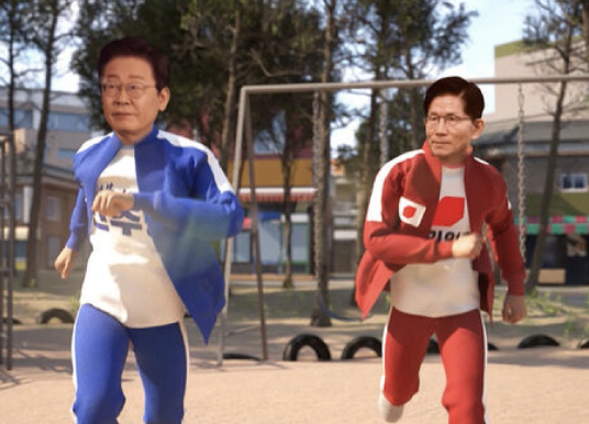 SBS' election coverage depicts animated versions of Democratic Party of Korea candidate Lee Jae-myung (left) and People Power Party candidate Kim Moon-soo. (SBS)