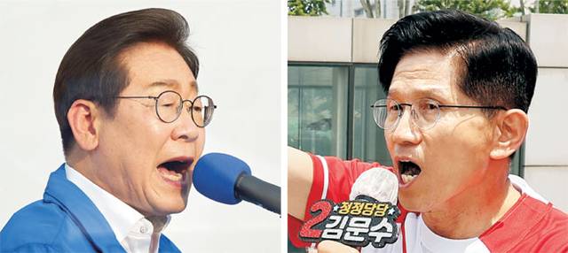 이재명(왼쪽 사진) 대통령이 더불어민주당 대통령 선거 후보 시절인 지난 5월 29일 서울 서초구 서울고속버스터미널 광장에서 유세하고 있다. 오른쪽은 김문수 국민의힘 대통령 선거 후보가 같은 날 인천 미추홀구 인하대역 광장에서 지지를 호소하는 모습. 곽성호·박윤슬 기자