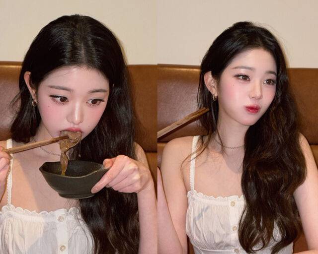 장원영이 고기를 노른자에 찍어 먹었다. / 장원영 소셜미디어 캡처