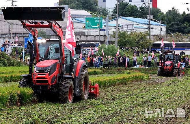 [안성=뉴시스] 김금보 기자 = 전국농민회총연맹 회원들이 12일 경기도 안성시 미양면 논에서 '쌀값보장·쌀수입저지·양곡관리법 개정안 관철을 위한 논 갈아엎기 투쟁' 집회를 열고 논을 트랙터로 갈아엎고 있다. 2024.09.12. kgb@newsis.com