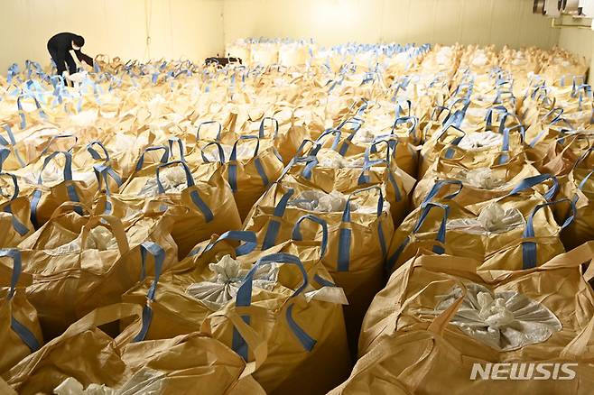 [용인=뉴시스] 김종택 기자 = 경기도 용인시 처인구 원삼면 용인시농협쌀조합공동사업법인 저온저장고에서 관계자가 가득 쌓여 있는 벼 포대를 살펴보고 있다. 2023.04.04. jtk@newsis.com