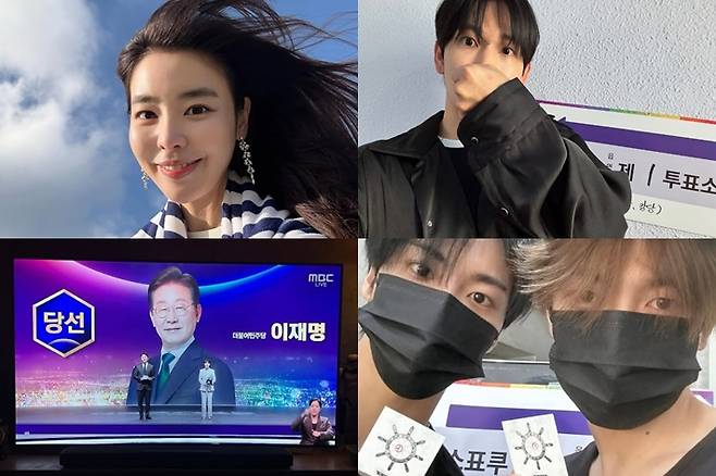 왼쪽부터 시계 방향으로 배우 김규리, 임시완, 에이티즈 홍중과 성화. 배우 김종수는 인스타그램 스토리에 이재명 후보 대통령 당선 화면을 게재했다. 각 인스타그램 및 인스타그램 스토리