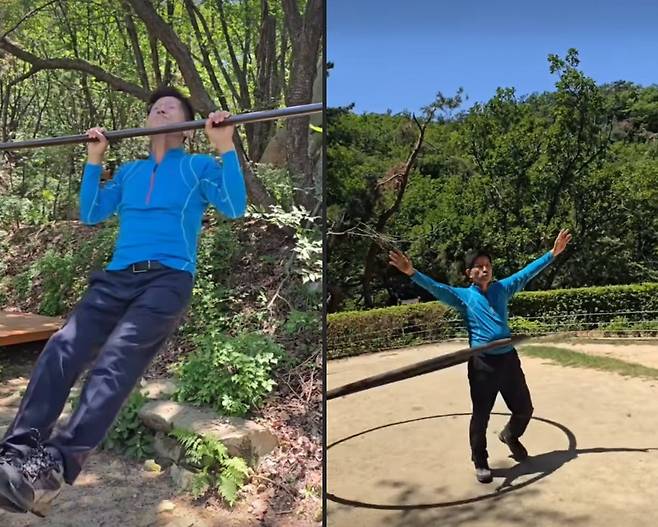 턱걸이와 훌라후프를 하는 국민의힘 김문수 전 대선 후보 모습. 김재원 전 의원 SNS 캡처