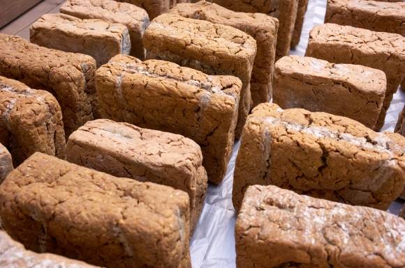 장 담그기에 쓰이는 메주들의 모습. 겉의 곰팡이를 잘 닦아 낸 후 소금물에 담그면 간장과 된장이 만들어진다.