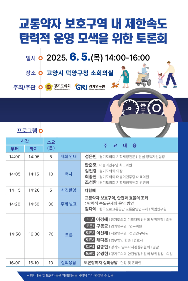 경기연구원 ‘교통약자 보호구역 내 제한속도 탄력적 운영 모색’ 토론회 안내 포스터. 이미지 제공 = 경기연구원