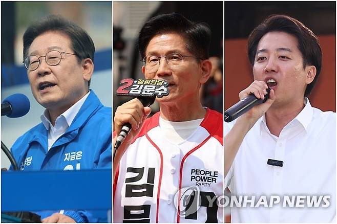 유세하며 지지 호소하는 이재명(왼쪽부터)-김문수-이준석 대선후보 [연합뉴스 자료사진]