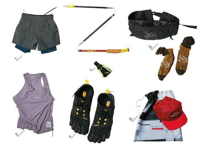 1·2 러닝 쇼츠·싱글렛 모두 새티스파이 제품.3 슈퍼라이트 스틱 레키 제품.4 파이브 핑거스 슈즈 비브람 제품.5 카고 벨트·양말 모두 포털 제품.6 트러커 캡 알렉스 조노 제품.