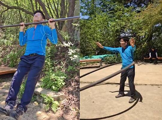 턱걸이와 훌라후프하는 김문수 전 국민의힘 대선 후보. 사진=뉴시스(김재원 전 의원 페이스북)