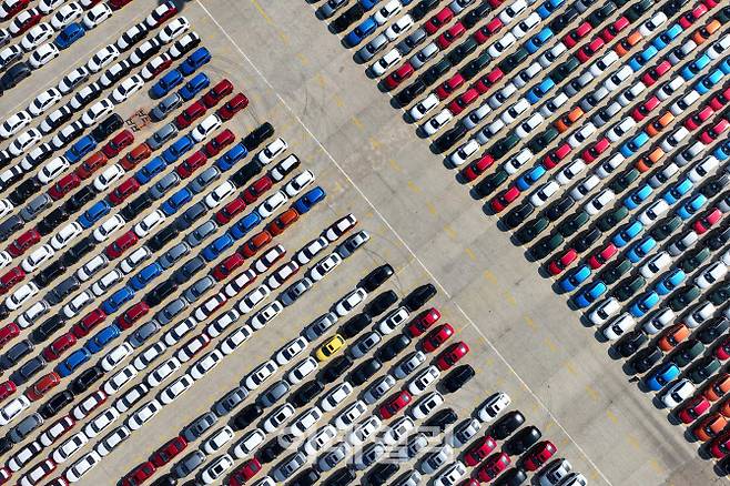 25년 3월 17일 중국 동부 장쑤성 롄윈강 항구에서 수출 차량들이 선박에 적재되기 전 도킹되어 있다.(사진=AFP)