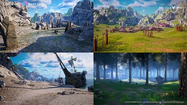 왼쪽 상단부터 시계방향으로 ‘동부 샌드강 유역’, ‘나르마족 정착지’, ‘소통의 숲’, ‘가려진 해안’