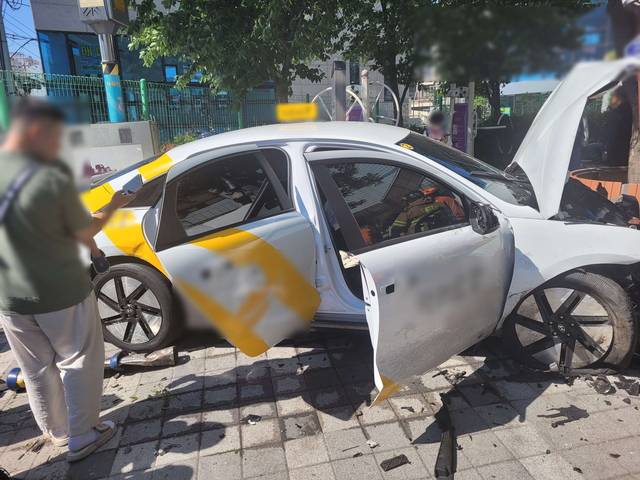 지난 4일 부산 사하구 인도를 침범한 전기택시.  사히경찰서 제공