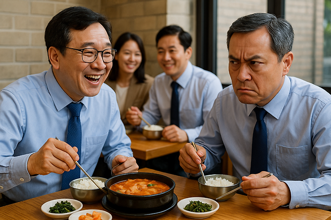 직장인 박철수(오른쪽) 씨는 연말정산까지 마쳤는데도 5월 종합소득세를 추가로 신고하라는 안내문을 받아 당황스럽다. 알고 보니 만기된 적금 이자와 ETF 배당으로 금융소득이 3000만 원을 넘었고, 종합과세 대상에 해당된다는 것. 그런데 같은 연봉과 투자 수준의 동료 박영수(왼쪽) 씨는 종합소득세 안내조차 받지 않았다는 사실에 철수 씨는 더 억울하기만 하다. 영수 씨의 비결은 무엇이었을까.  [챗GPT를 이용해 제작함]