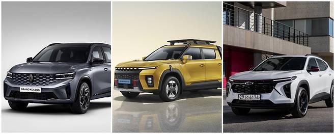 그랑 콜레오스(왼쪽부터), 무쏘 EV, 트랙스 크로스오버 [각사 제공]