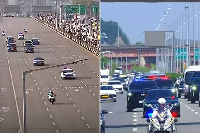 윤석열 전 대통령이 파면 후 관저를 떠나 서초동 사저로 이동하는 모습(좌측)과  이재명 대통령의 첫 출근길(우측). MBC·연합뉴스TV 영상 캡처