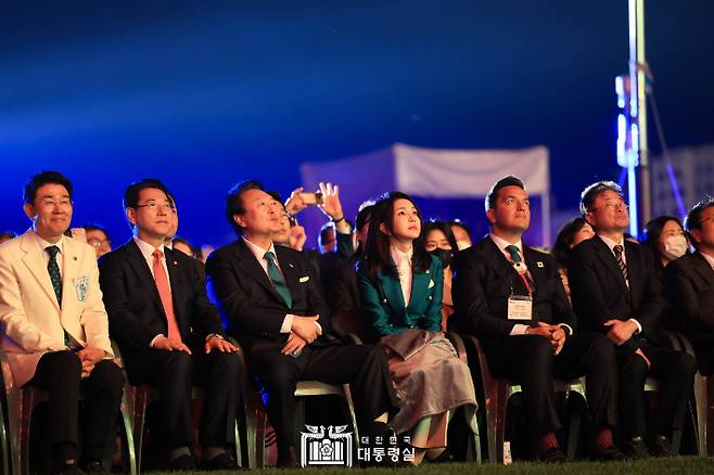 지난 2023년 순천만 국제정원박람회 개막식. 왼쪽부터 노관규 시장, 김영록 전남지사, 윤석열 대통령, 김건희 여사. 대통령실 제공