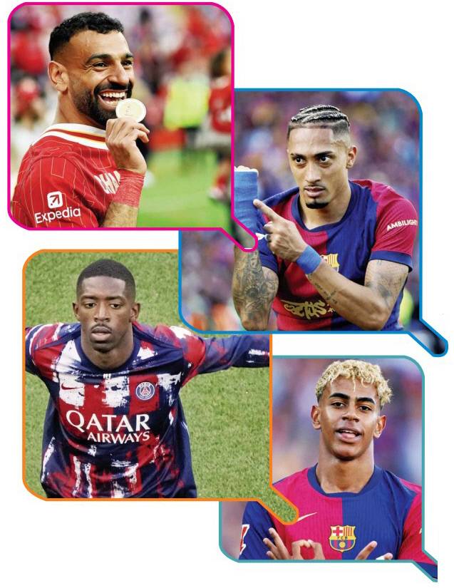 리버풀 살라흐, 바르셀로나 하피냐, 바르셀로나 야말, PSG 뎀벨레(왼쪽 위에서부터 시계방향으로). 로이터·AP·EPA연합