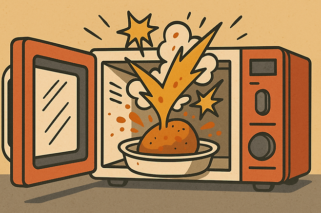 전자레인지에 무언가 음식이 터지고 있는 이미지
