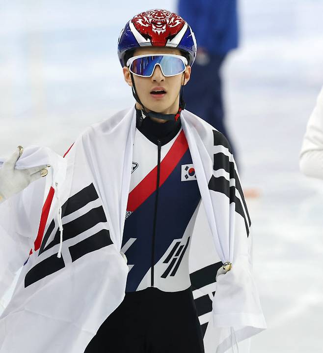 올해 2월 2025 하얼빈 동계 아시안게임 쇼트트랙 남자 1000m 결승에서 금메달을 따낸 장성우의 모습. 사진=연합뉴스