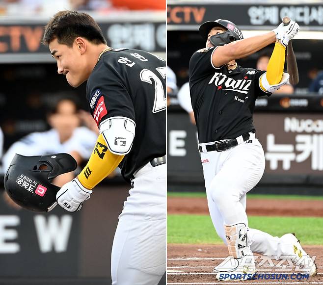 대선배 류현진에 공손한 인사를 건넸던 안현민이 홈런포를 터뜨리며 자신의 존재감을 확실히 각인 시켰다. 대전=허상욱 기자