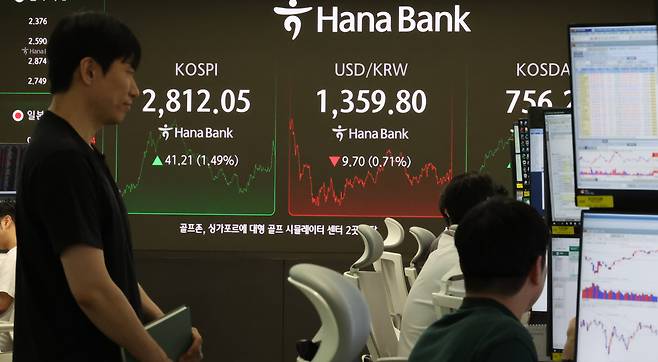 5일 오후 서울 중구 하나은행 딜링룸에 코스피, 코스닥 종가와 환율 시황이 표시되고 있다. 2025.6.5/뉴스1 ⓒ News1 장수영 기자