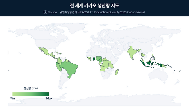 전 세계 카카오 생산량 지도. 자료 : 유엔식량농업기구/나라스페이스