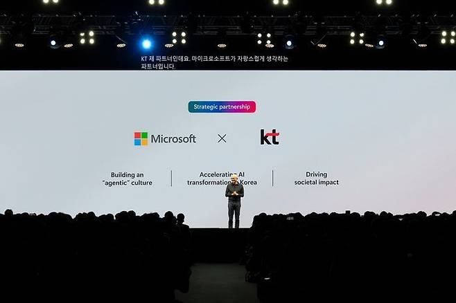 사티아 나델라 마이크로소프트 CEO 겸 이사회 의장이 3월 26일 열린 ‘AI 투어 인 서울’에서 기조연설을 하고 있다.(자료사진)ⓒKT