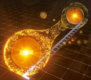 ‘양자거리 측정’을 직관적으로 표현하기 위한 개념도. 노란 공 두 개는 전자를 나타내며 아래 흰색 눈금은 거리를 측정한다는 의미로 ‘자’를 그렸다.  /김근수 연세대 교수 제공