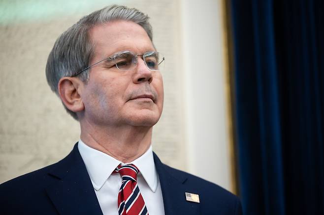 U.S. Treasury Secretary Scott Bessent looks on during a press conference in the Oval Office at the White House in Washington, on May 30. [EPA/YONHAP]