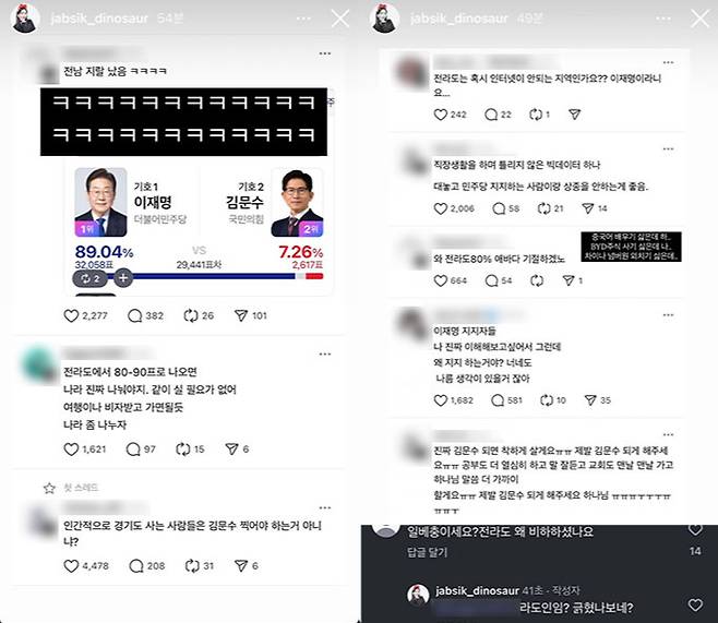 유튜버 잡식공룡은 지난 5일 자신의 인스타그램 스토리에 전라남도 한 지역의 제21대 대통령 선거 투표 결과와 지역 비하 발언이 담긴 게시물을 공유했으며, 이재명 당시 대선 후보와 더불어민주당 지지자를 비방하는 댓글을 공유하며 비방 글을 적기도 했다. 이후 잡식공룡은 자신의 유튜브 채널 커뮤니티 게시물을 통해 사과했다. /사진=잡식공룡 인스타그램