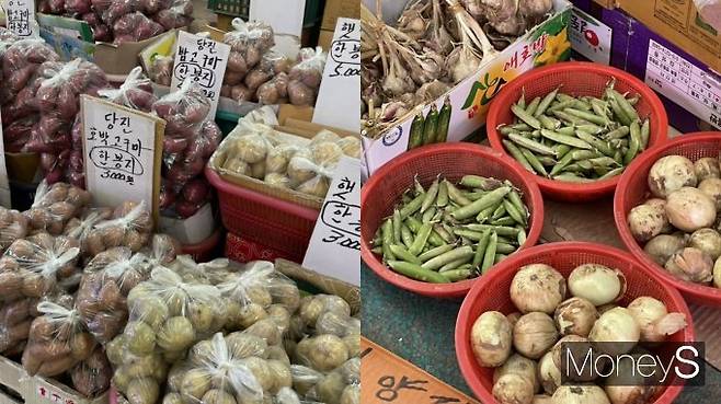 전통시장에서도 제로웨이스트를 향한 어려움은 계속되었다. 사진은 이미 일회용품으로 포장된 야채(왼쪽)와 포장되지 않은 야채. /사진=남동주 기자