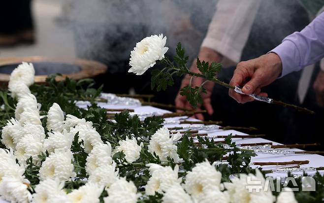 [대구=뉴시스] 이무열 기자 = 제70회 현충일인 6일 대구 남구 충혼탑에서 열린 추념식에서 참배객들이 헌화하고 있다. 2025.06.06. lmy@newsis.com