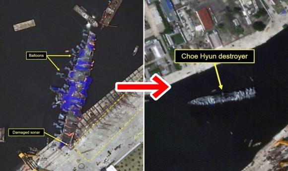 5일 북한이 좌초한 5000t급(최현급) 최신 구축함을 바로 세운 뒤 물에 띄우는 작업까지 성공했다고 미국의 북한 전문 매체 38노스가 보도했다. 사진은 (오른쪽)38노스가 공개한 미국 상업위성업체 플래닛 랩스 PBC 촬영 위성사진. 기립해 물에 뜬 구축함이 식별된다. (왼쪽)38노스가 3일 공개한 유럽우주국(ESA) 인공위성 플레아데스 네오(Pleiades Neo) 촬영 사진. 지난달 29일 여전히 좌초 상태인 구축함과, 선체에 연결한 줄을 끌어당기는 부두 위 노동자들이 식별된다. 2025.6.5 38노스 캡처