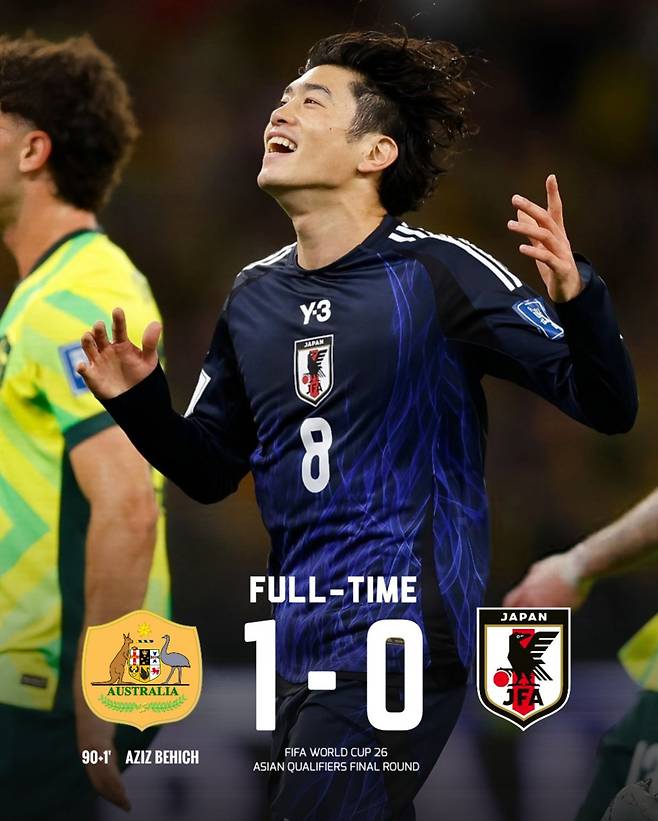 일본은 5일(한국시간) 호주 퍼스의 옵터스 스타디움에서 열린 북중미 월드컵 아시아 최종예선 C조 9차전 원정경기에서 호주에 0-1로 졌다. 기회를 놓치고 아쉬워하는 스즈키 유이토. 사진제공｜일본축구협회 페이스북