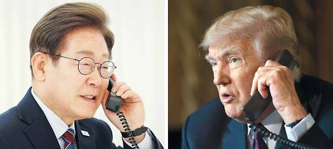 이재명 대통령이 지난 6일 밤 서울 한남동 관저에서 도널드 트럼프 미국 대통령과 통화하는 모습(왼쪽 사진). 약 20분간 이뤄진 정상 간 첫 통화에서 트럼프 대통령은 이 대통령을 방미 초청했다고 대통령실은 밝혔다. 오른쪽 사진은 트럼프 대통령이 2018년 트럼프 행정부 1기 때 전화 통화를 하고 있는 모습. /대통령실·AP 연합뉴스