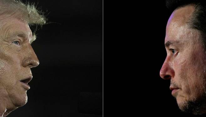 도널드 트럼프(왼쪽) 미국 대통령과 일론 머스크 테슬라 최고경영자(CEO) 간 설전 속에 테슬라 주가가 5일(현지시간) 14% 넘게 폭락했지만 하루 만인 6일 테슬라는 저가 매수세 속에 6% 가까이 뛰며 300달러 선을 회복했다. 트럼프 대통령은 지난 3월 머스크를 지원하겠다며 구매했던 모델S 세단을 매각하거나 그냥 줘버리는 것을 검토하고 있는 것으로 알려졌다. AFP 연합