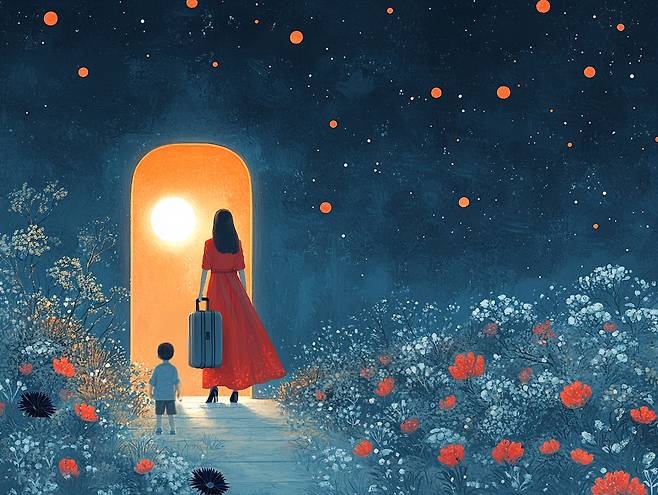 떠나는 엄마의 뒷모습을 바라보는 소년. 미드저니로 그린 일러스트를 일부 수정해 완성했다. 이경희 기자