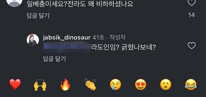 맛집 소개 유튜버 ‘잡식공룡(본명 왕현수)’이 최근 자신의 사회관계망서비스(SNS)의 글에서 한 누리꾼 지적에 보인 반응. 유튜버 ‘잡식공룡’ SNS 계정 캡처