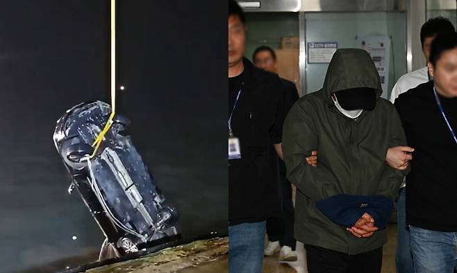 아내와 두 아들을 태운 차량을 몰고 바다로 돌진해 숨지게 한 혐의(살인·자살방조)를 받는 지모(49)씨가 지난 4일 광주 북구 북부경찰서에서 구속 전 피의자 심문(영장실질심사)을 받기 위해 이동하고 있다. 왼쪽은 지난 2일 진도군 진도항에서 일가족 4명이 탑승한 차량이 인양되는 모습. 뉴시스·목포해경 제공