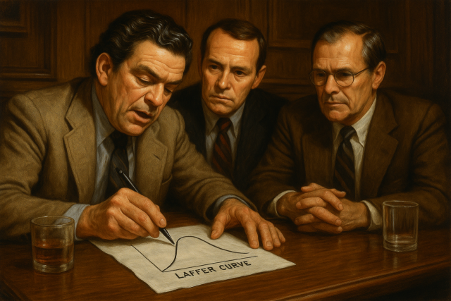 1974년 아서 래퍼가 워싱턴 D.C. 한 식당에서 백악관 관계자들과 만나 ‘래퍼곡선’를 냅킨에 그리는 장면. 챗GPT가 생성한 이미지