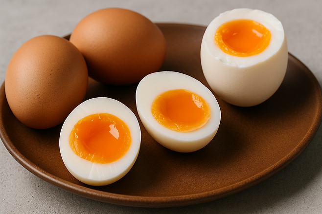 반으로 잘린 반숙 계란 세개와 통 계란 두개