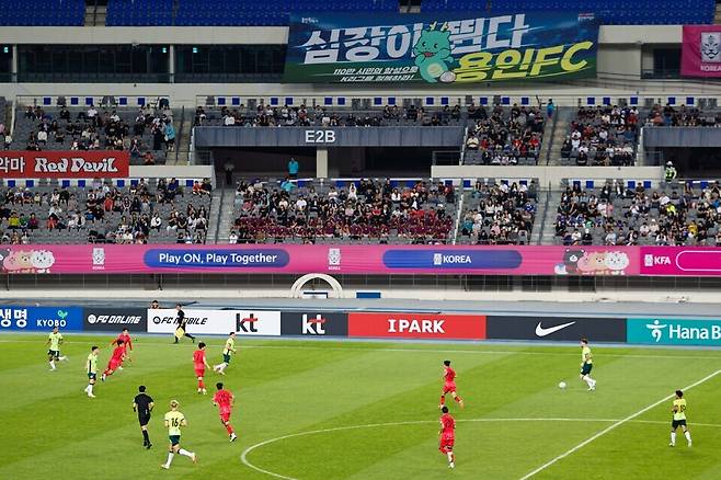 ▲ 지난 5일 '용인미르스타디움'에서 열린 대한민국 남자축구 U-22팀과 호주 U-22팀의 경기모습./사진제공=용인시