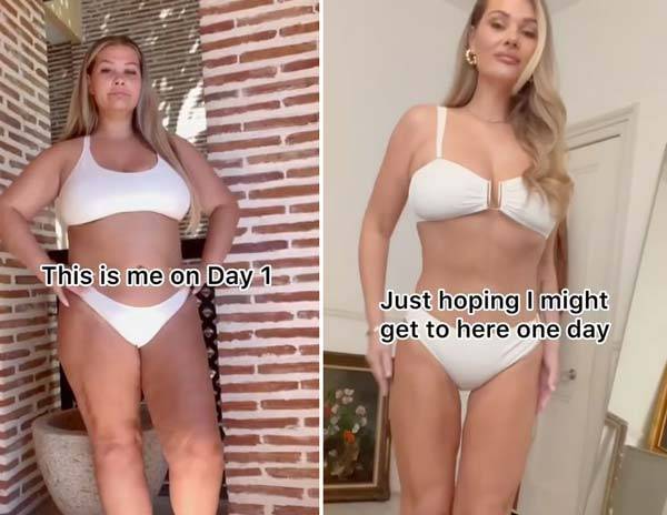 출산 후 예전에 입던 비키니를 다시 입고 싶어 14개월 만에 38kg을 감량한 소냐 필립스의 다이어트 전(왼)과 후(오)./사진=데일리메일