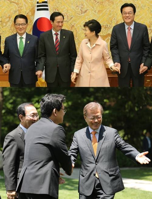 (위) 2016년 5월 박근혜 당시 대통령이 청와대로 여야 3당 원내지도부를 초청했다. 왼쪽부터 박지원(국민의당), 우상호(민주당), 정진석(새누리당) 당시 원내대표 / (아래) 2017년 5월 문재인 당시 대통령이 취임 9일 만에 여야 지도부를 청와대 상춘재 오찬에 초대한 모습. 좌측부터 故 노회찬(정의당),  정우택(자유한국당) 당시 원내대표.