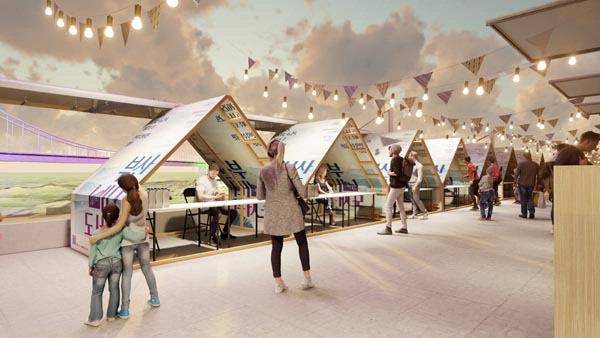 부산문화재단이 3D 입체로 제작한 2025 부산바다도서관의 상반기 행사 예상 장면이다. 그림은 부산 수영구 민락수변공원에 있는 텐트형 시설인 ‘밀수카페’를 독서 공간으로 활용하는 북텐트이다. 부산문화재단 제공