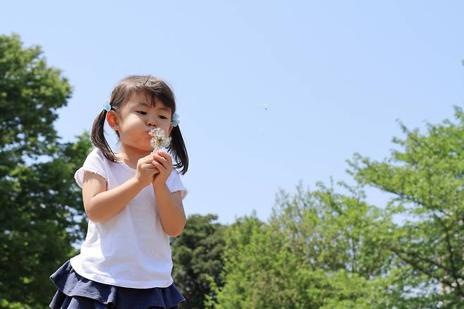 A girl blows dandelion seeds under the blue sky (123rf)