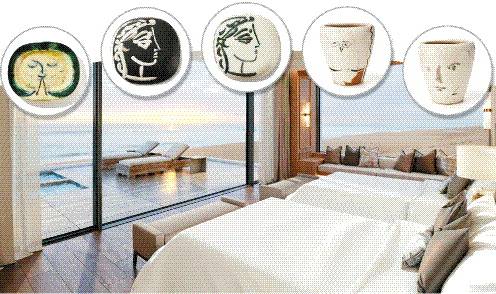이랜드파크의 그랜드 켄싱턴 설악비치 더 펜트하우스 객실 전경과 피카소가 만든 도예 작품. 왼쪽부터 플루트 연주자, 자클린의 옆모습(2장), 피카소 얼굴과 부엉이(2장).  이랜드파크