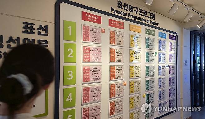 IB 월드스쿨 표선초 학년별 탐구 프로그램 게시판 (제주=연합뉴스) 김호천 기자 = 제주 서귀포시에 있는 IB 월드스쿨인 표선초 본관 벽면에 걸린 학년별 탐구 프로그램 게시판. 2025.6.6 khc@yna.co.kr