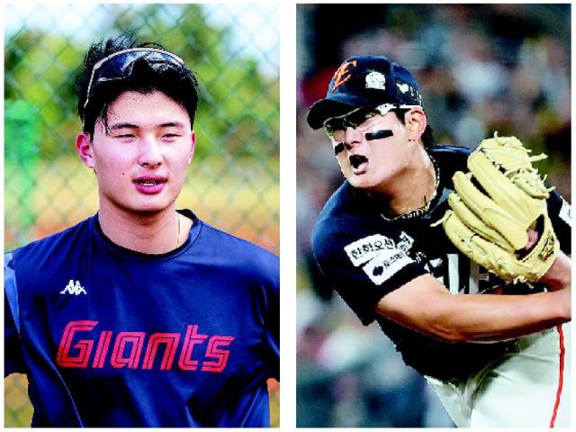 2025 KBO 올스타전 팬 투표 1차 집계 결과 1위를 차지한 한화 김서현(오른쪽 사진)과 2위 윤동희. 부산일보DB·연합뉴스